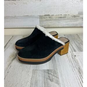 Bernardo Women’s 8.5 Sky Black Suede Shearling Platform Clogs Wooden Heel shoe
